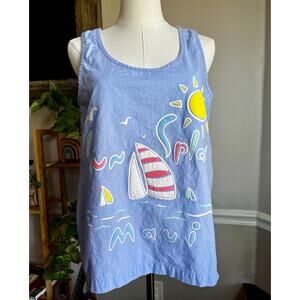 Vintage 80s Maui Tank Top Puff Paint Blue Hawaii Size Large